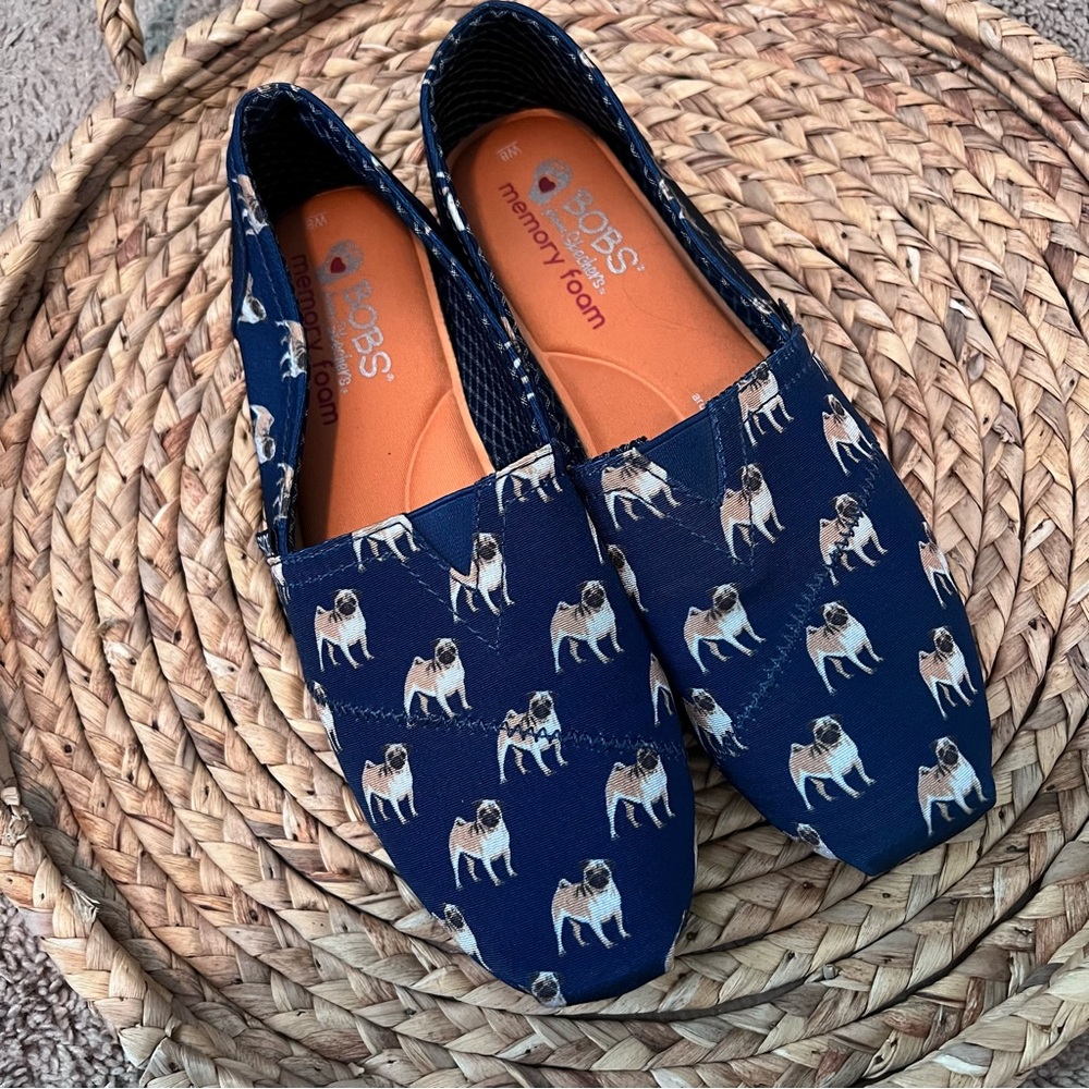 BOBS from Skechers Navy Slip-On Shoes with Pug Dog Print Size 8